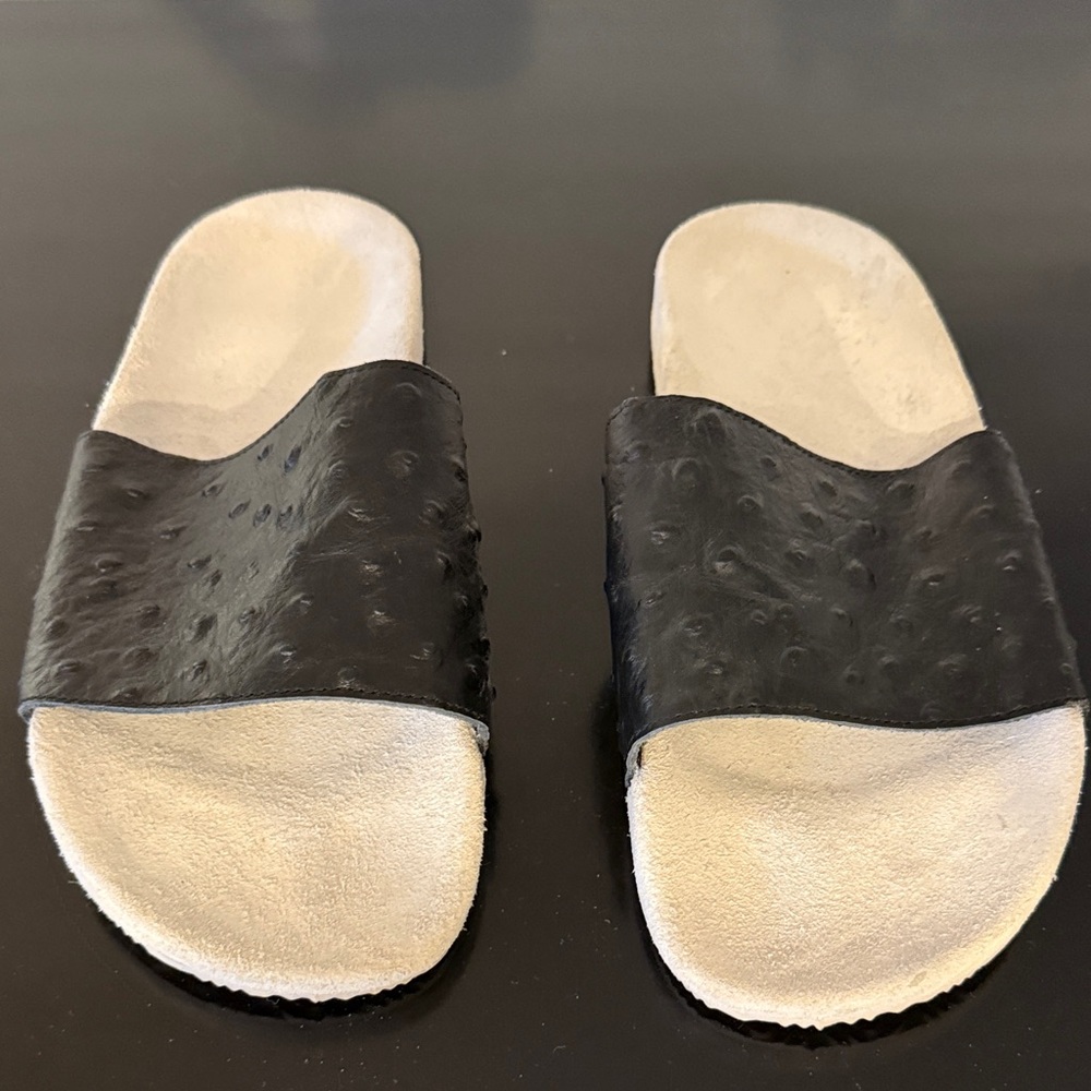 Adidas Adilette Custom Black leather and Cream Suede Slide Sandals